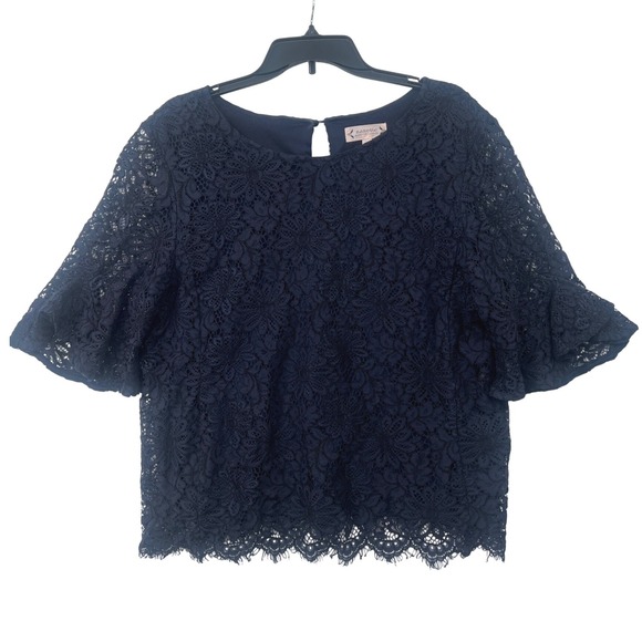 Nanette Nanette Lepore Tops - Nanette Lepore Lace Overla Blouse Size XL‎ Navy Blue Bell Sleeve Floral Top